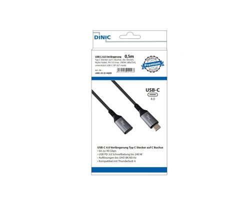 DINIC USB 4.0 Extension, 240W PD, 40Gbps, 0.5m Type C to C, Aluminum Connector, Nylon Cable, DINIC Box.